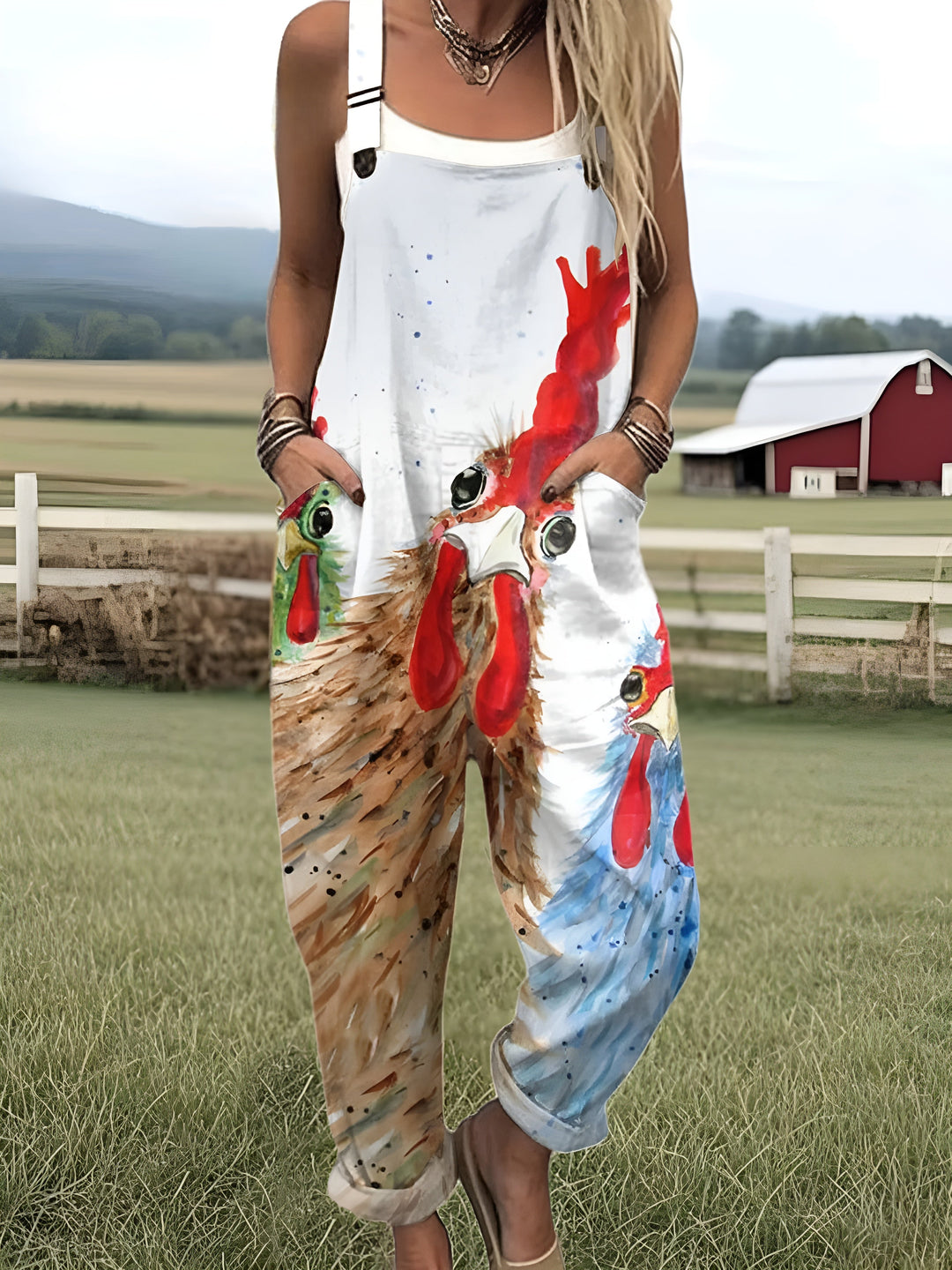 Agnes | Rooster Print Overalls