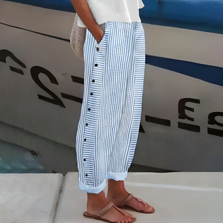 Diane | Button-Trim Striped Trousers