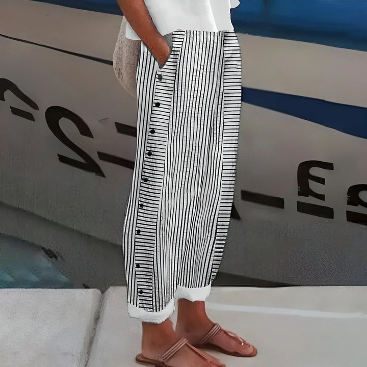 Diane | Button-Trim Striped Trousers