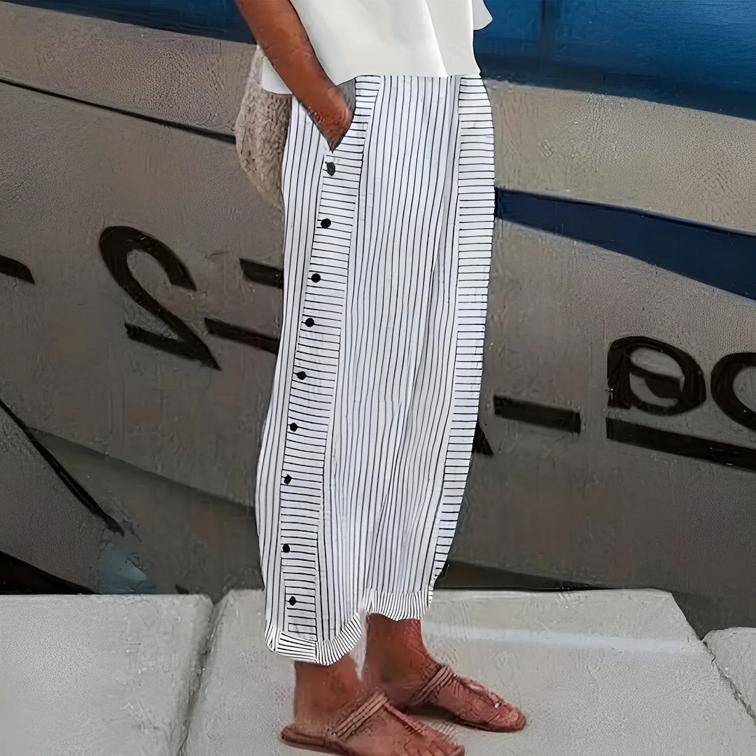 Diane | Button-Trim Striped Trousers